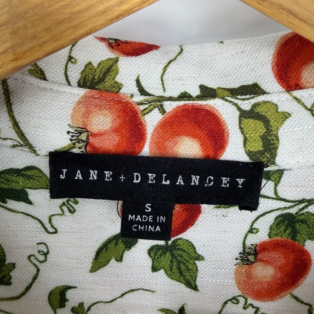 JANE + DELANCEY Tomato Print Midi Shirt Dress S Linen Blend Cottage Garden Natur - Picture 4 of 15